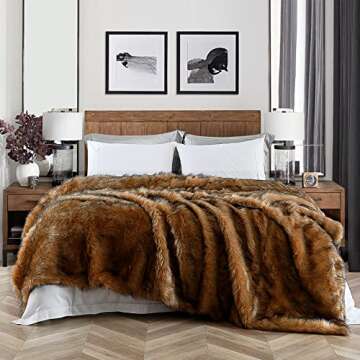 Luxury Plush Faux Fur Blanket King Size, Long Pile Brown with Black Tipped Blanket, Oversized Super Warm, Fuzzy, Elegant, Fluffy Decoration Blanket Scarf for Sofa, Armchair, Couch and Bed, 104"x90"