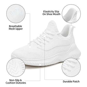 VIPSUPER Womens Tennis Shoes Walking Sneakers - Memory Foam Nursing Running Gym Athletic Workout Slip On Comfort Work Shoe Lightweight All White Size 8 US