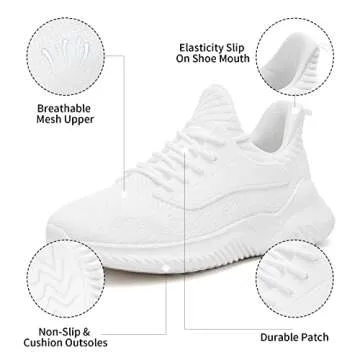 VIPSUPER Womens Tennis Shoes Walking Sneakers - Memory Foam Nursing Running Gym Athletic Workout Slip On Comfort Work Shoe Lightweight All White Size 8 US