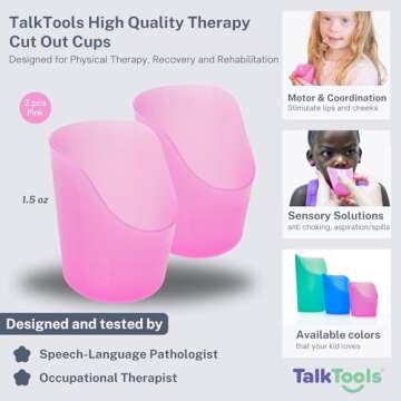 TalkTools Cut Out Cups for Special Needs - Glass Set for Physical Therapy, Recovery and Rehabilitation | Motor and Coordination Support | Easy Drink Therapy Cups for Elderly - 1.5 Oz Pink (2 Pk)