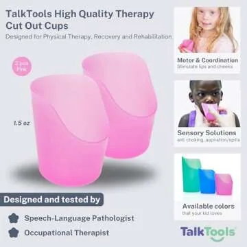 TalkTools Cut Out Cups for Special Needs - Glass Set for Physical Therapy, Recovery and Rehabilitation | Motor and Coordination Support | Easy Drink Therapy Cups for Elderly - 1.5 Oz Pink (2 Pk)