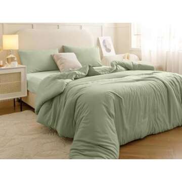 Nanko Full Duvet Cover Set Sage Green 3pc 80x90 Luxury Microfiber Comforter Quilt Bedding Cover with Deco Buttons Zip Closure Ties - Modern Elegant Style for Men and Women Chambray Teen Light Green
