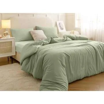Nanko Full Duvet Cover Set Sage Green 3pc 80x90 Luxury Microfiber Comforter Quilt Bedding Cover with Deco Buttons Zip Closure Ties - Modern Elegant Style for Men and Women Chambray Teen Light Green