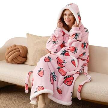 Bedsure Oversized Wearable Blanket Hoodie for Women, Long Printed Hooded Blanket Sweatshirt with Big Pocket as Gifts for Girl, Strawberry, Pink
