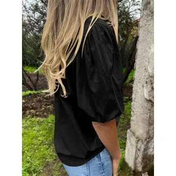 Tankaneo Women's Button Down Shirts Short Puff Sleeve Collared Dressy Casual Blouse Tops Black