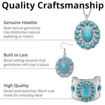 Howlite Jewelry Sets for Women - Turquoise Inspired Cowgirl Accessories - Southwestern Chunky Necklaces Vintage Jewelry Beautiful Statement Western Necklaces Earrings & Cuff Bracelet Set - Blue