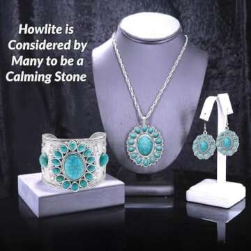 Howlite Jewelry Sets for Women - Turquoise Inspired Cowgirl Accessories - Southwestern Chunky Necklaces Vintage Jewelry Beautiful Statement Western Necklaces Earrings & Cuff Bracelet Set - Blue