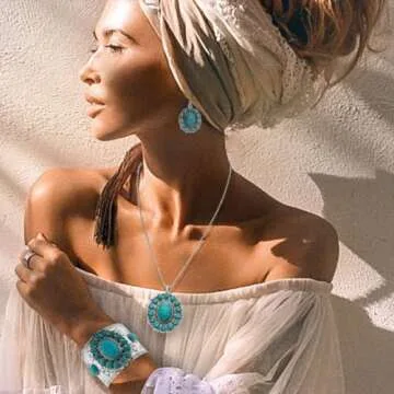 Howlite Jewelry Sets for Women - Turquoise Inspired Cowgirl Accessories - Southwestern Chunky Necklaces Vintage Jewelry Beautiful Statement Western Necklaces Earrings & Cuff Bracelet Set - Blue