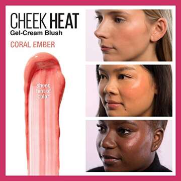 Maybelline New York Cheek Heat Gel-Cream Blush Makeup, Lightweight, Breathable Feel, Sheer Flush Of Color, Natural-Looking, Dewy Finish, Oil-Free, Coral Ember, 1 Count