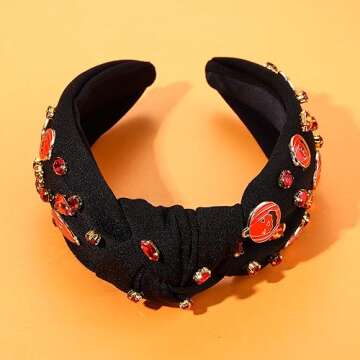 Halloween Headbands for Women Halloween Accessories Beaded Boo Trick or Treat Knotted Headband Embellished Rhinestone Pearl Top Knot Headbands Halloween Costume Party Hair Accessory Gifts (Pumpkin)