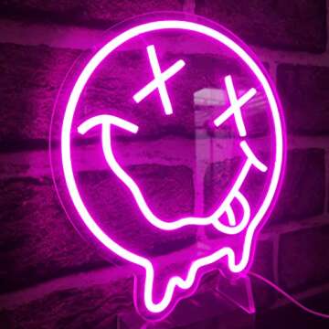 Melting Smile Face Neon Sign Melted Smile Neon Signs LED Sign for Wall Decor Dimmable Neon Smile Fac...