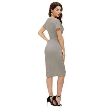 JASAMBAC Work Dresses for Women Office Business Bodycon Pencil Dress Knee Length Funeral Dress Grey