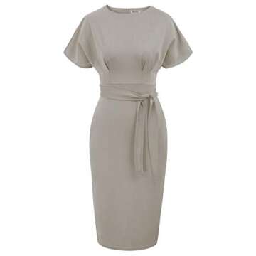 JASAMBAC Work Dresses for Women Office Business Bodycon Pencil Dress Knee Length Funeral Dress Grey