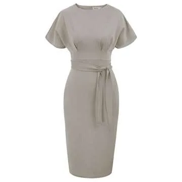 JASAMBAC Work Dresses for Women Office Business Bodycon Pencil Dress Knee Length Funeral Dress Grey