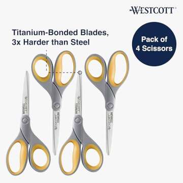 Westcott 8" Soft Handle Titanium Bonded Scissors For Office & Home, Gray/Yellow, 4 Pack (17598)