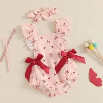 Douhoow Baby Girl Romper Fly Sleeve Baby Girl Bodysuit Jumpsuit with Headband Infant Girl Spring Summer Festival Clothes (Pink, 12-18 Months)