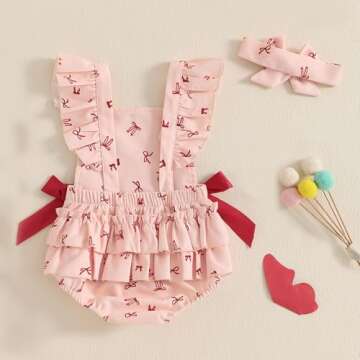 Douhoow Baby Girl Romper Fly Sleeve Baby Girl Bodysuit Jumpsuit with Headband Infant Girl Spring Summer Festival Clothes (Pink, 12-18 Months)