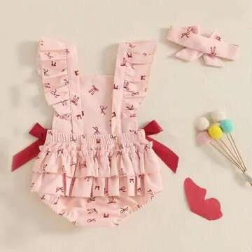 Douhoow Baby Girl Romper Fly Sleeve Baby Girl Bodysuit Jumpsuit with Headband Infant Girl Spring Summer Festival Clothes (Pink, 12-18 Months)