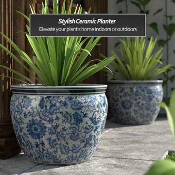 Red Lantern Large 20" Porcelain Fishbowl Blue & White Floral Planter or Cachepot for Indoor/Outdoor ...