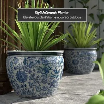 Red Lantern Large 20" Porcelain Fishbowl Blue & White Floral Planter or Cachepot for Indoor/Outdoor ...