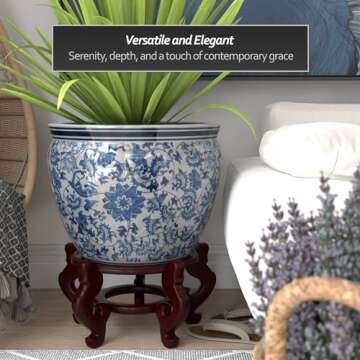 Red Lantern Large 20" Porcelain Fishbowl Blue & White Floral Planter or Cachepot for Indoor/Outdoor Use in Garden Entryway Living Room Boho Eclectic Modern Contemporary Classic Traditional Style Decor