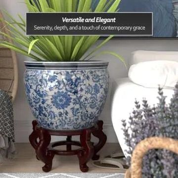 Red Lantern Large 20" Porcelain Fishbowl Blue & White Floral Planter or Cachepot for Indoor/Outdoor Use in Garden Entryway Living Room Boho Eclectic Modern Contemporary Classic Traditional Style Decor