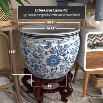 Red Lantern Large 20" Porcelain Fishbowl Blue & White Floral Planter or Cachepot for Indoor/Outdoor Use in Garden Entryway Living Room Boho Eclectic Modern Contemporary Classic Traditional Style Decor
