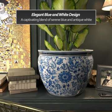 Red Lantern Large 20" Porcelain Fishbowl Blue & White Floral Planter or Cachepot for Indoor/Outdoor Use in Garden Entryway Living Room Boho Eclectic Modern Contemporary Classic Traditional Style Decor