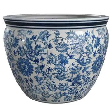 Red Lantern Large 20" Porcelain Fishbowl Blue & White Floral Planter or Cachepot for Indoor/Outdoor Use in Garden Entryway Living Room Boho Eclectic Modern Contemporary Classic Traditional Style Decor