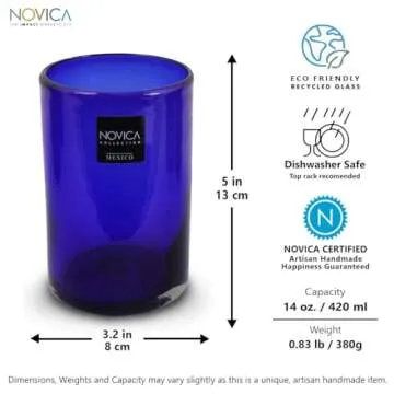 NOVICA Artisan Crafted Cobalt Blue Hand Blown Recycled Glass Cocktail Glasses, 14 Oz, 'Solid Blue' (Set Of 6)