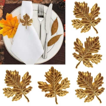 Fall Leaf Napkin Rings Set of 12, Gold Napkin Holders for Thanksgiving, Autumn, Harvest, Winter Holi...