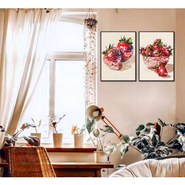 2Pcs Funky Red Strawberry Disco Canvas Wall Art Aesthetic Preppy Posters Trendy Glam Disco Ball Stra...