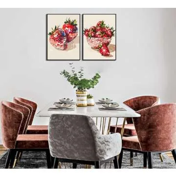 2Pcs Funky Red Strawberry Disco Canvas Wall Art Aesthetic Preppy Posters Trendy Glam Disco Ball Strawberries Wall Decor Coquette Strawberries Fruit Pictures Prints for Girls Apartment 12x16in Unframed