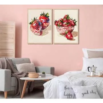 2Pcs Funky Red Strawberry Disco Canvas Wall Art Aesthetic Preppy Posters Trendy Glam Disco Ball Strawberries Wall Decor Coquette Strawberries Fruit Pictures Prints for Girls Apartment 12x16in Unframed