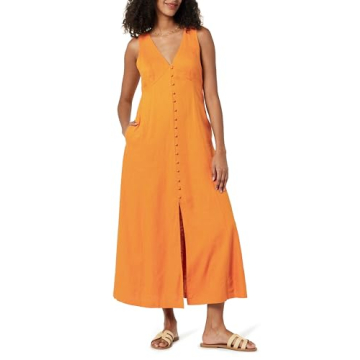 The Drop Women's Blanca Linen Button Front V-Neck Maxi Dress, Golden Oak, S