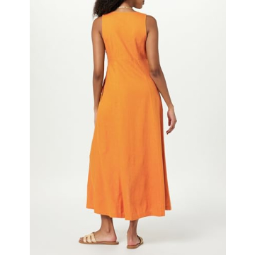 The Drop Women's Blanca Linen Button Front V-Neck Maxi Dress, Golden Oak, S