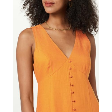 The Drop Women's Blanca Linen Button Front V-Neck Maxi Dress, Golden Oak, S