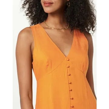 The Drop Women's Blanca Linen Button Front V-Neck Maxi Dress, Golden Oak, S