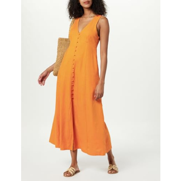 The Drop Women's Blanca Linen Button Front V-Neck Maxi Dress, Golden Oak, S