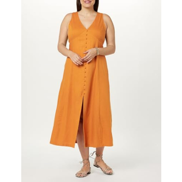 The Drop Women's Blanca Linen Button Front V-Neck Maxi Dress, Golden Oak, S