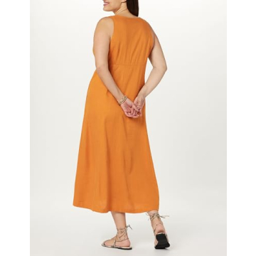 The Drop Women's Blanca Linen Button Front V-Neck Maxi Dress, Golden Oak, S