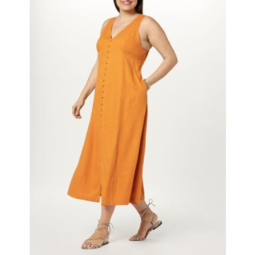 The Drop Women's Blanca Linen Button Front V-Neck Maxi Dress, Golden Oak, S