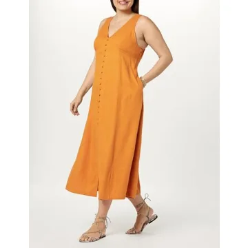 The Drop Women's Blanca Linen Button Front V-Neck Maxi Dress, Golden Oak, S