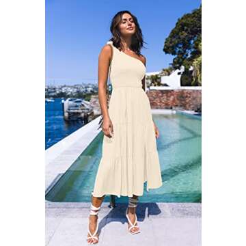 MEROKEETY Women's Summer One Shoulder Smocked Dress Solid Flowy Tiered Beach Midi Long Dresses,Beige,S