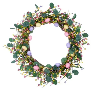 VioletEverGarden Artificial Easter Wreath,18” Easter Egg Wreath Colorful Berry Wreath for Easter D...