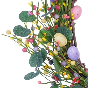 VioletEverGarden Artificial Easter Wreath,18” Easter Egg Wreath Colorful Berry Wreath for Easter Decor,Suitable for Front Door Indoor Wall Window Decor and Easter Celebration