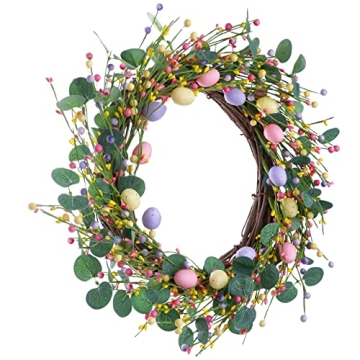 VioletEverGarden Artificial Easter Wreath,18” Easter Egg Wreath Colorful Berry Wreath for Easter Decor,Suitable for Front Door Indoor Wall Window Decor and Easter Celebration
