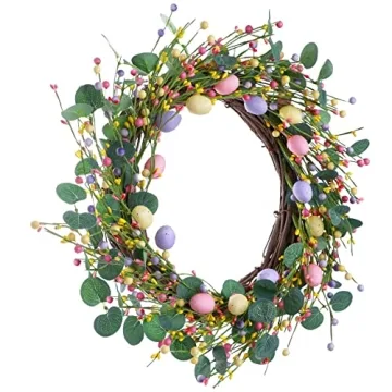 VioletEverGarden Artificial Easter Wreath,18” Easter Egg Wreath Colorful Berry Wreath for Easter Decor,Suitable for Front Door Indoor Wall Window Decor and Easter Celebration