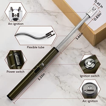 Boncas Flexible Arc Lighter USB Candle Lighter Plasma Lighter Rechargeable Windproof Lighter Long for Household Camping Cooking BBQ Olive Gray (Candle Not Include)
