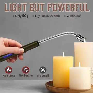 Boncas Flexible Arc Lighter USB Candle Lighter Plasma Lighter Rechargeable Windproof Lighter Long for Household Camping Cooking BBQ Olive Gray (Candle Not Include)
